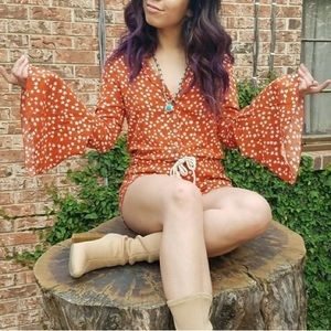 Rust Orange 70’s Bell Sleeve Romper ⭐️